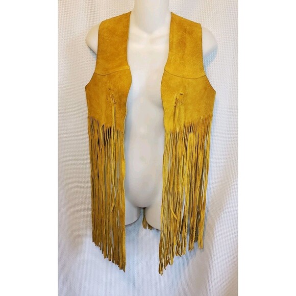 Vtg 60s Sz Sm Suede Leather Long Fringe Vest Hippie Boho Festival Mustard Yellow - Picture 1 of 11